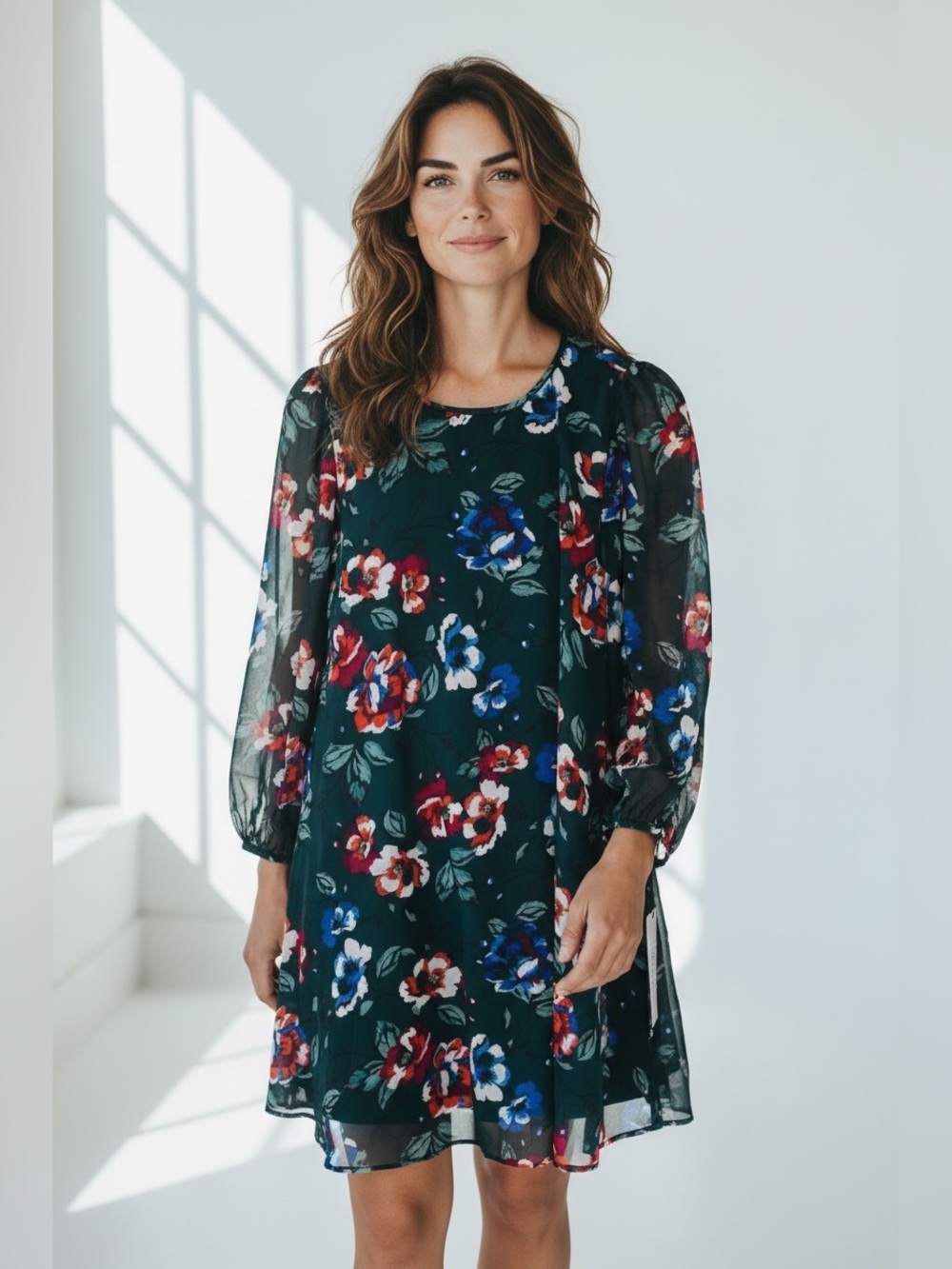 Calvin Klein Floral Print 3/4 Sleeve Green Multi Chiffon Mini Dress Sz 6 NWT